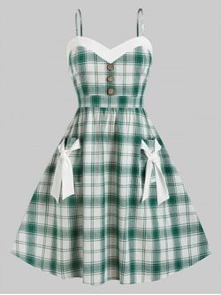 Plus Size Plaid Bowknot Flare 50s Dress - GREEN - L