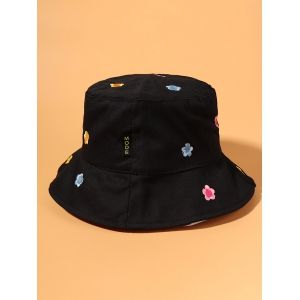 

Small Flower Colored Embroidered Bucket Hat, Black