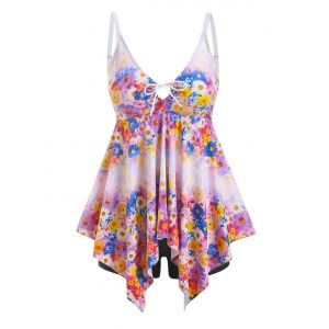 

Plus Size Cinched Floral Print Handkerchief Tankini Swimwear, Light pink