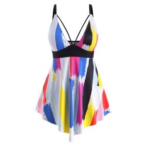 

Plus Size Brush Painting Empire Waist Asymmetric Tankini Swimwear, Multi