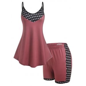 

Plus Size Stars Print Tank Top and Shorts Pajamas Set, Deep red