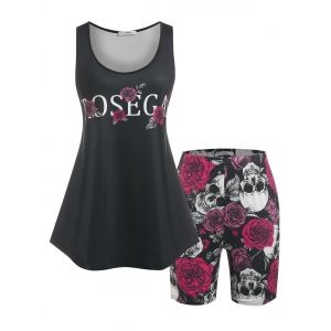 

Plus Size Rose Skull Print Shorts Pajamas Set, Black