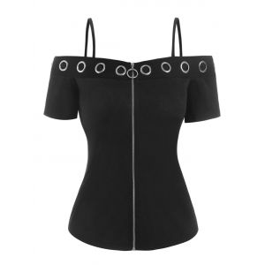 

Cold Shoulder Grommets Full Zip Tee, Black