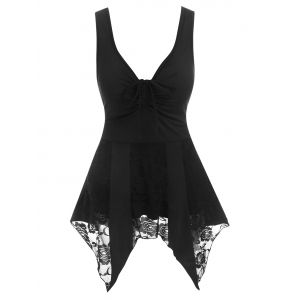 

Flower Lace Insert Handkerchief Cinched Tank Top, Black