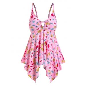 

Plus Size Handkerchief Floral Print Cinched Tankini Swimwear, Light pink