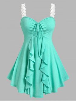 Plus Size & Curve Cinched Lace Straps Ruffled Tank Top - GREEN - 2X