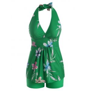 

Plunge Halter Flower Print Empire Waist Tankini Swimwear, Deep green