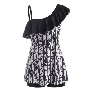 

Skew Neck Bamboo Print Flounce Tankini Swimwear, Black