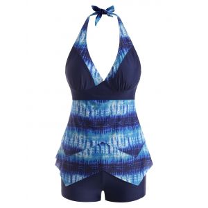 

Halter Tie Dye Layered Handkerchief Tankini Swimwear, Deep blue