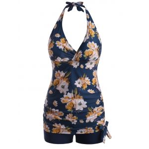 

Halter Flower Print Bowknot Plunge Front Tankini Swimwear, Deep blue