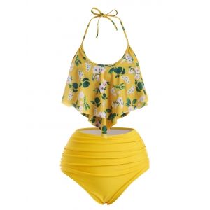 

Flounce Overlay Flower Print Tummy Control Tankini Swimwear, Yellow