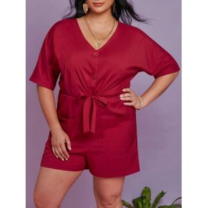 

Plus Size Batwing Sleeve Half Button Wide Leg Romper, Red