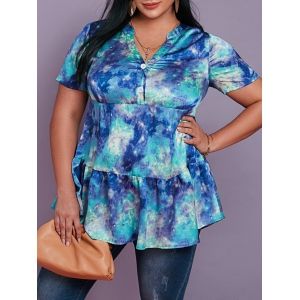 

Plus Size Half Button Tie Dye Print Tiered Blouse, Multi