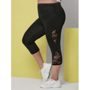 

Plus Size Lace Panel Sheer Capri Gym Leggings, Black