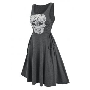 

Skull Pattern Lace Up Knee Length Dress, Gray