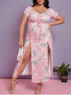 Plus Size Flower Print Cinched Slit Maxi Cottagecore Dress - LIGHT PINK - L