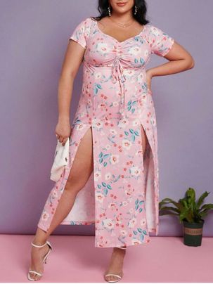 Plus Size Flower Print Cinched Slit Maxi Dress