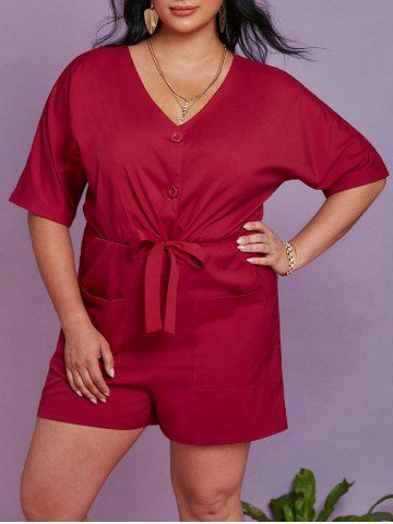 Plus Size Batwing Sleeve Half Button Wide Leg Romper - RED - 1X