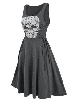 Skull Pattern Lace Up Knee Length Dress - GRAY - M