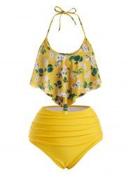 Flounce Overlay Flower Print Tummy Control Tankini Swimwear -  