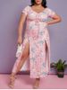 Plus Size Flower Print Cinched Slit Maxi Cottagecore Dress -  