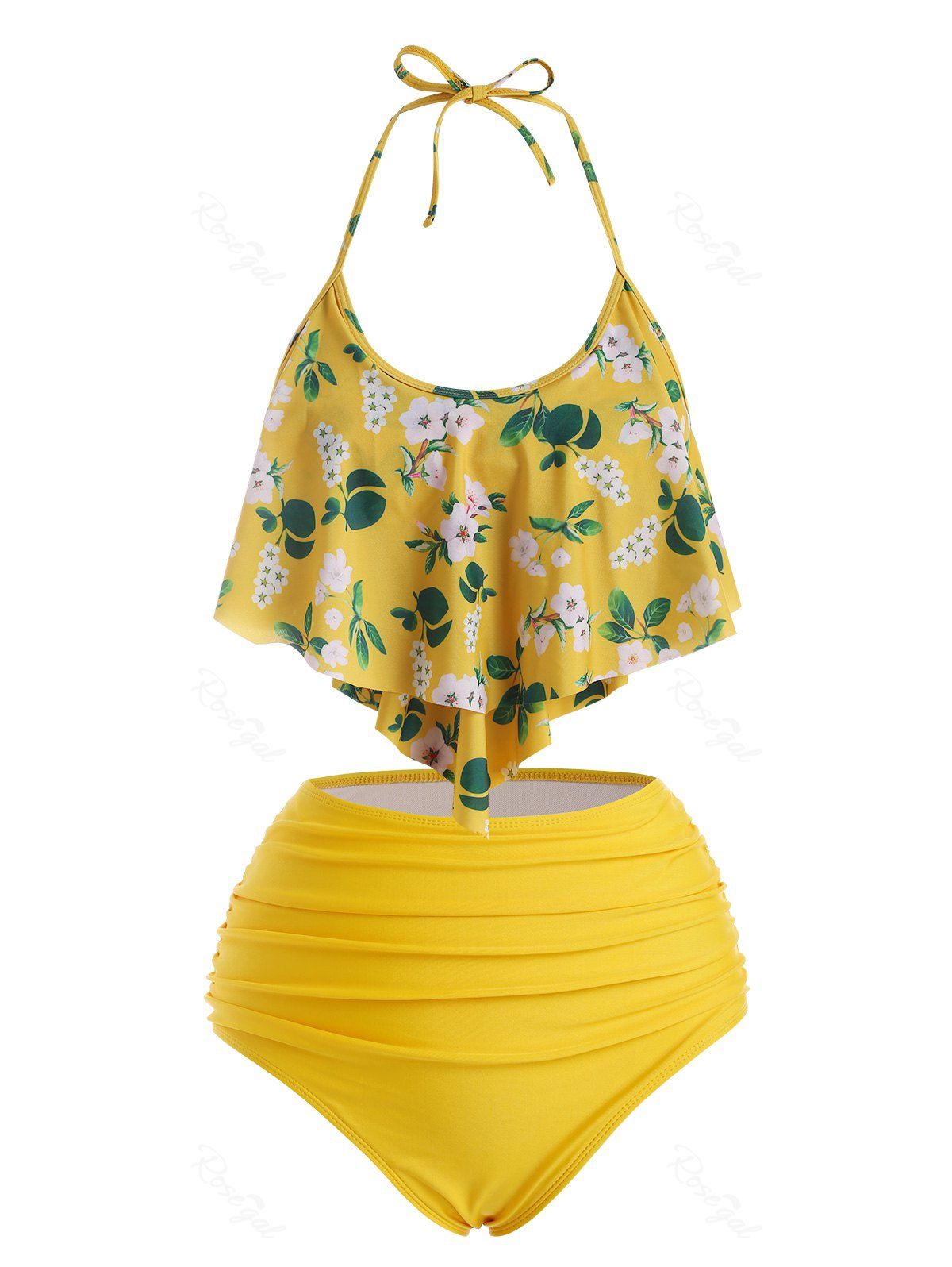 Fancy Flounce Overlay Flower Print Tummy Control Tankini Swimwear  