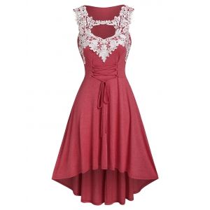 

Plus Size Cutout Contrast Lace High Low Dress, Red