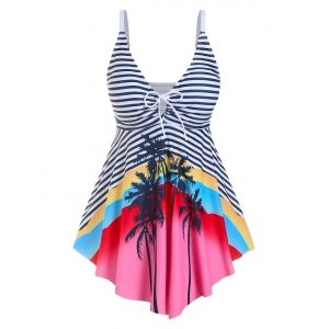 

Plus Size Palm Tree Print Striped Tankini Swimwear, Multi