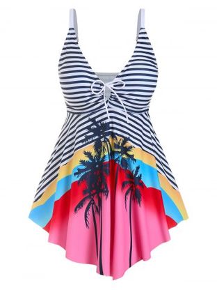 Plus Size Palm Tree Print Striped Modest Tankini Swimwear