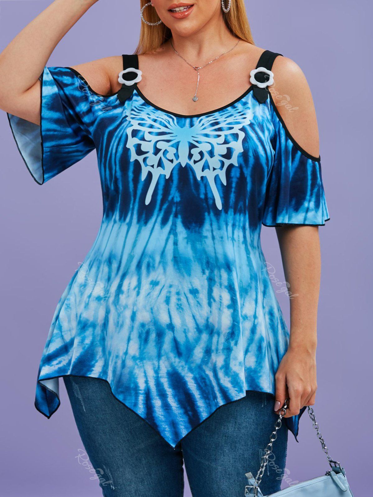 Outfits Tie Dye Butterfly Cold Shoulder Handkerchief Plus Size Top  