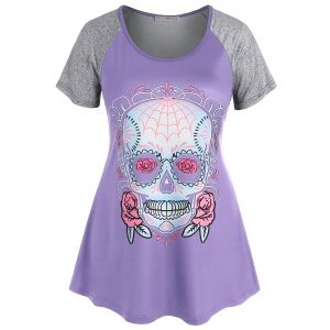 

Plus Size Skull Print Raglan Sleeve Gothic Tee, Light purple