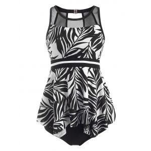 

Mesh Insert Leaf Print Handkerchief Tankini Swimwear, Black