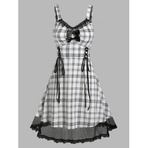 

Plus Size Vintage Lace Panel Plaid Bowknot Dress, Black