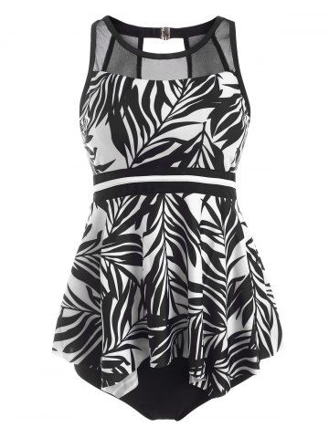 Mesh Insert Leaf Print Handkerchief Tankini Swimwear - BLACK - S