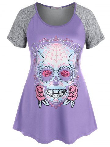 Plus Size Skull Print Raglan Sleeve Gothic Tee