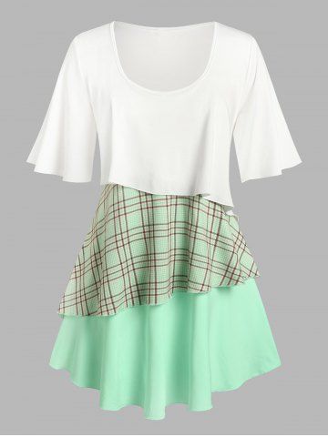 Plus Size & Curve Flutter Sleeve Plaid Layered T Shirt
