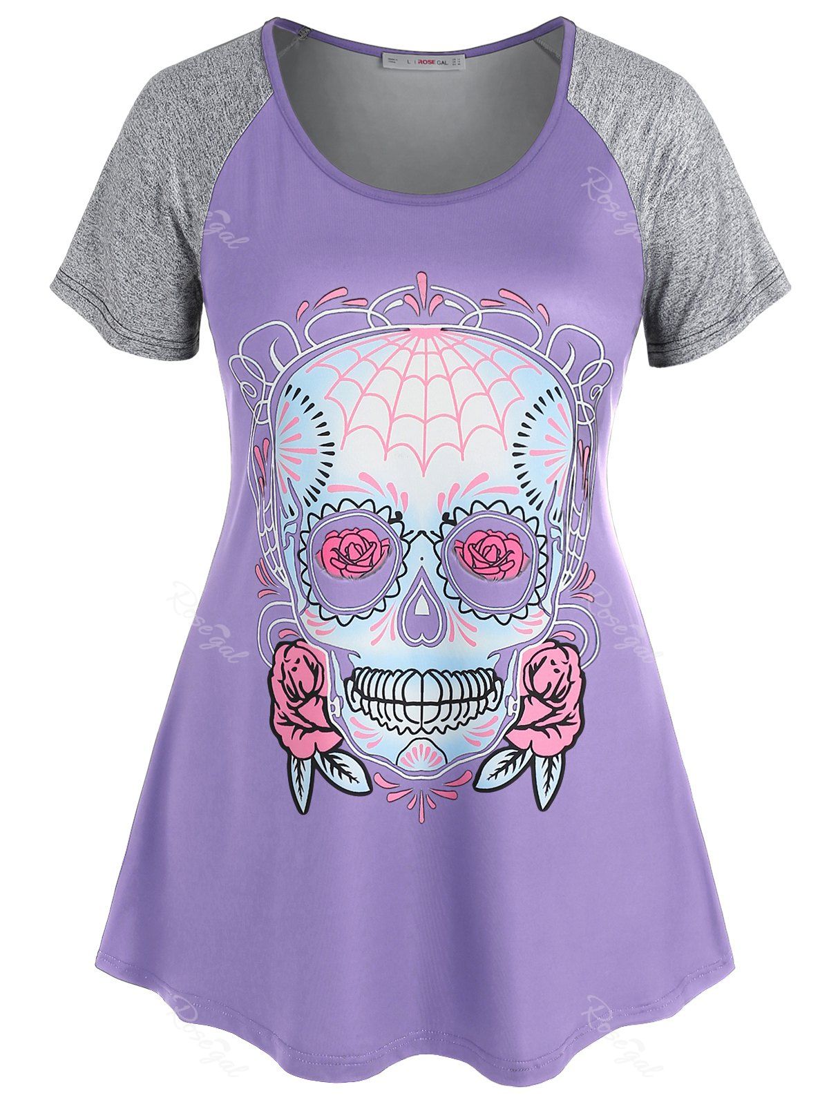 T-shirt à Imprimé Gothique Crâne de Grande Taille à Manches Raglan Violet clair 2X