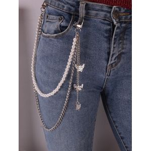 Faux Pearl Butterfly Pendant Layered Trousers Chain, Silver