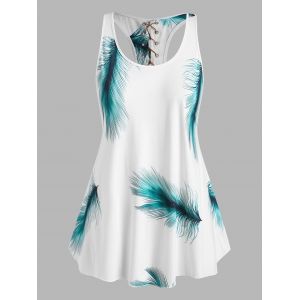 

Plus Size Lace-up Feather Print Racerback Tank Top, Green