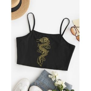 

Plus Size Chinese Dragon Print Cropped Cami Top, Black
