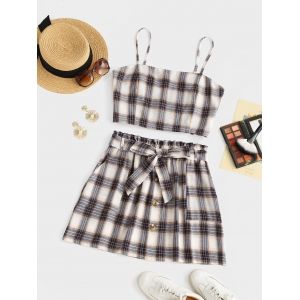 

Plus Size Checked Smocked Back Cami Top and Belted Skirt Set, Multi