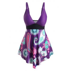 

Plus Size Paisley Flower Empire Waist Skirted Tankini Swimwear, Purple