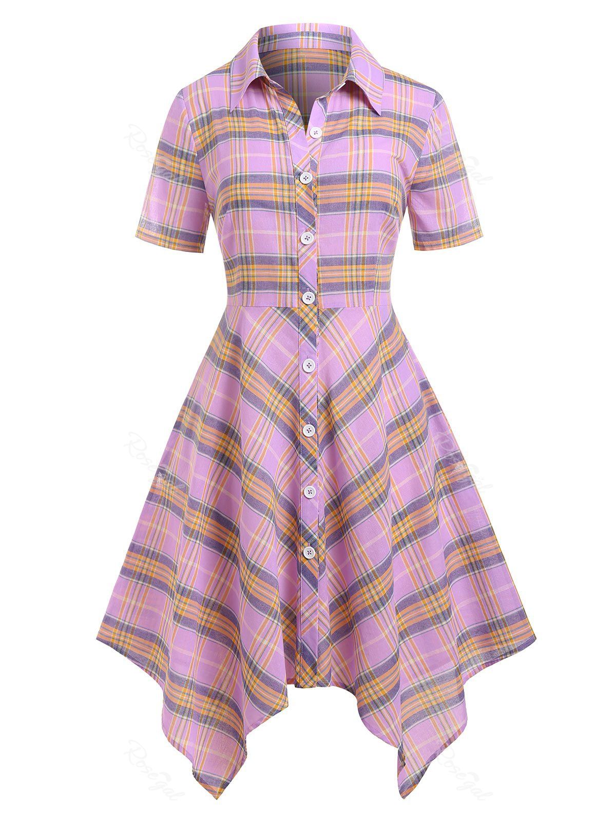 Robe Chemise Mi-longue d'Années 50 Mouchoir à Carreaux Boutonnée Grande Taille Violet clair 2X
