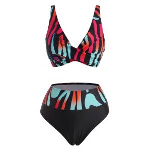 

Twisted Colorful Striped Plunging Bikini Swimwear, Black