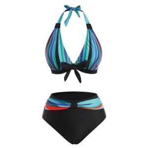 

Bowknot Colorful Striped Halter Full Coverage Bikini Swimwear, Light blue