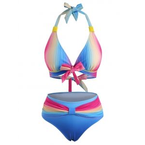 

Bowknot Ombre Rainbow Halter Bikini Swimwear, Multi