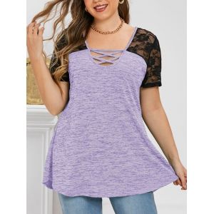 

Lace Panel Space Dye Lattice Plus Size Top, Light purple