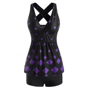 

Rhombus Print Criss Cross Back Skirted Tankini Swimwear, Purple