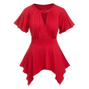 

Flutter Sleeve Keyhole Handkerchief Tee, Deep red