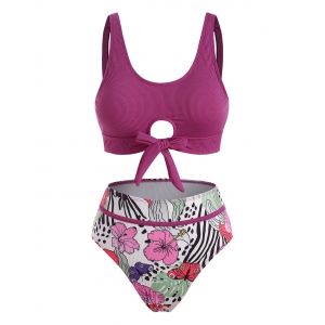 

Ribbed Knot Piping Butterfly Floral Tankini Swimwear, Light purple